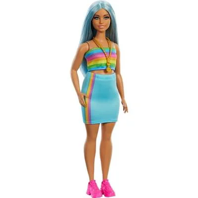 Nina Barbie Fashionistas #218 amb cabells blaus, samarreta d'arc de Sant Martí i falda turquesa. 65è aniversari. 12.75 polzades