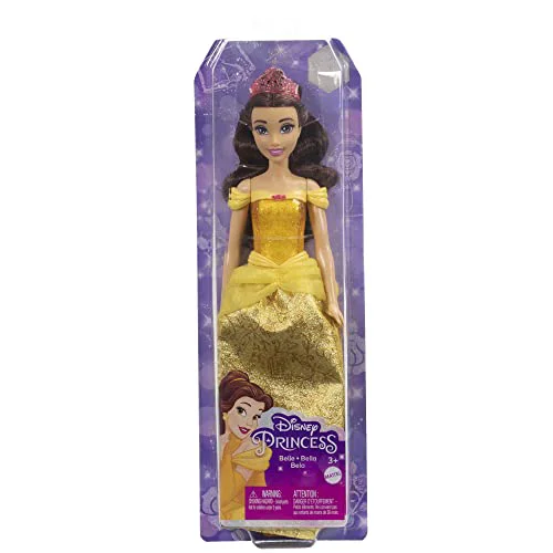 Nina de moda de la princesa Disney Belle amb cabell castany, ulls marrons i accessori de diadema