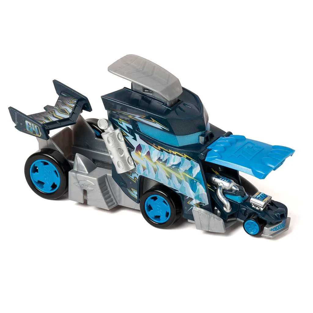 T-RACERS MIX´N RACE Camió llançador de gel – Camió llançador amb gel. Detalls. Inclou 1 Vehicle Exclusiu T-Racers - Prem el Disparador per Llançar.