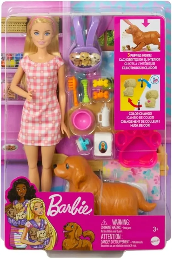 Barbie Muñeca Rubia Perritos Recién Nacidos