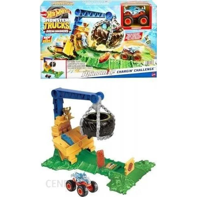 Hot Wheels Camiones Monstruo Rhinomite Reto de Carga Set de Juego con 1 Camión de Juguete y 2 Coches Aplastados